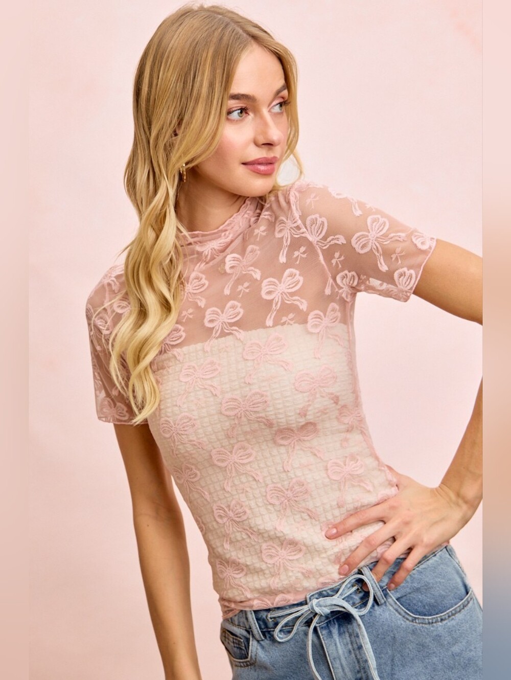 BiBi High Neckline Short Sleeves Bow Pattern Mesh Top-Dusty Rose Fast Shipping!